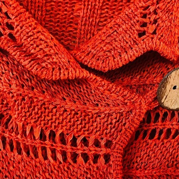 Etoile Burnt Orange Open Knit One Button 3/4 Sleeve Cardigan Sweater - Picture 4 of 9